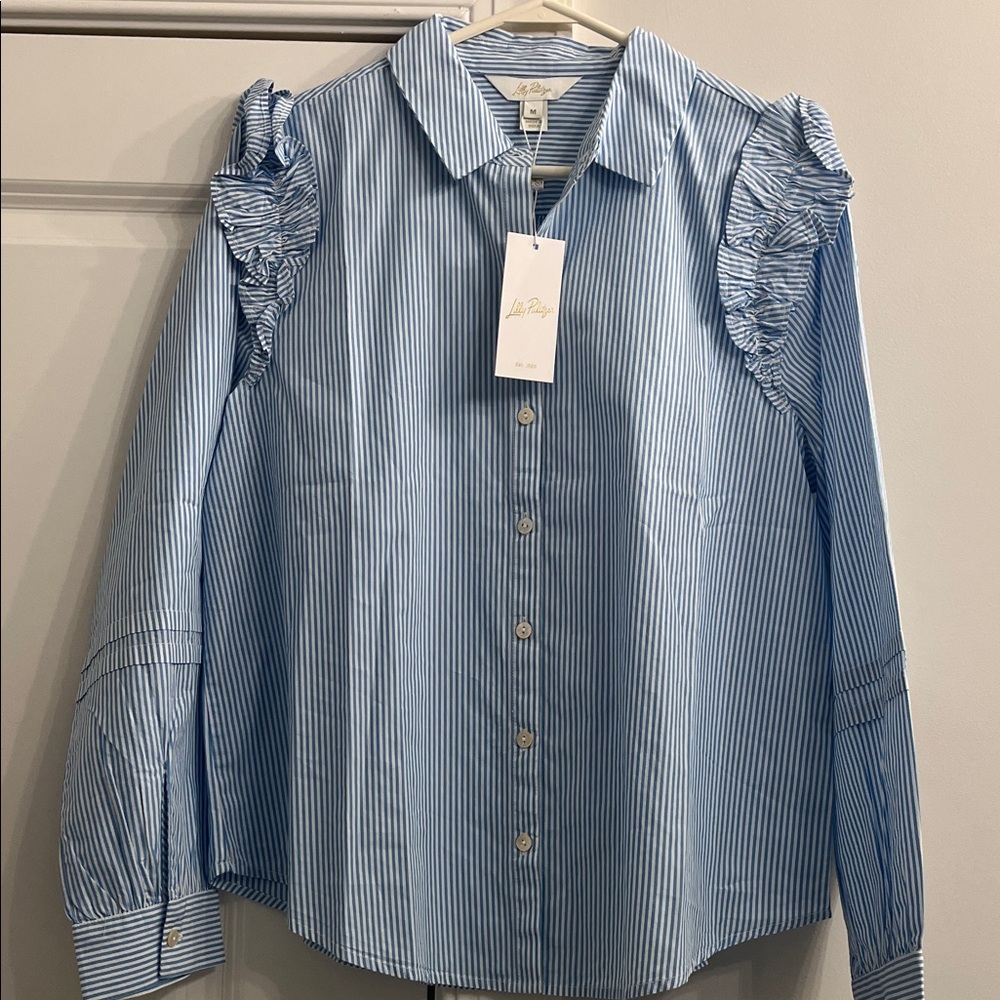 Lilly Pulitzer Blue & White Pinstripe Ruffle Shoulder Button-Down